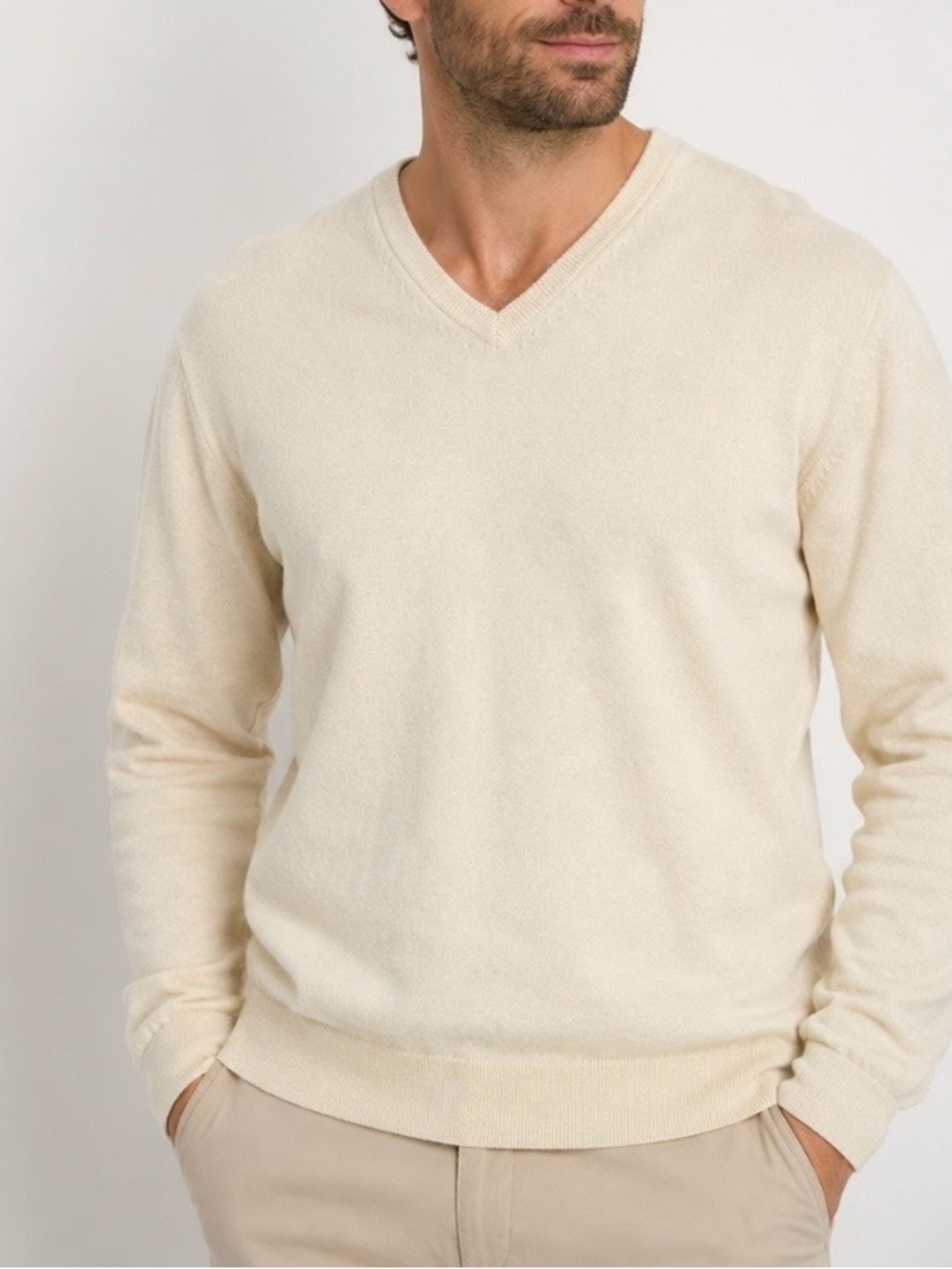 Alan Flusser Mens XL Beige Cotton Cashmere Sweater V Neck Pullover Long Sleeve